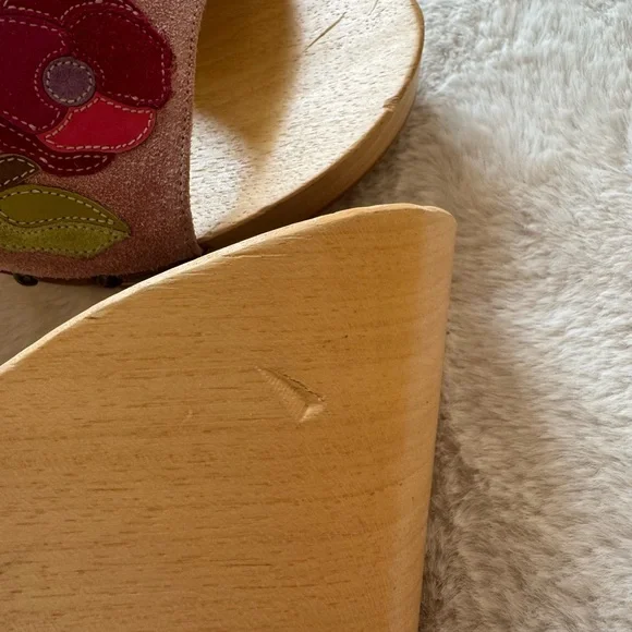 Coach Pink Suede Floral Slide Wedges  with Red Flowers and Green Leaves - Picture 6 of 8